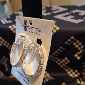 Christina Collection Silver Tone Pavé Crystal Hoop Earrings Leverback E2891